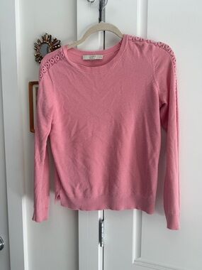 LOFT Pink Crewneck Sweater with Lace-Trim Shoulders